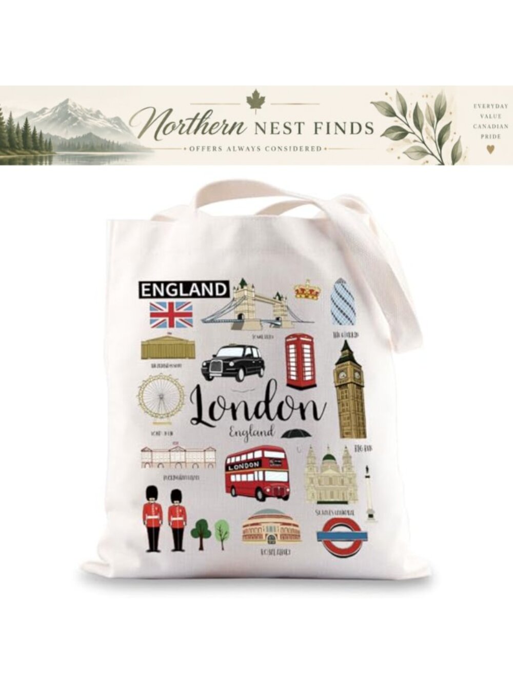 Canvas Tote Bag London Souvenir Shopping Shoulder Travel Cotton
